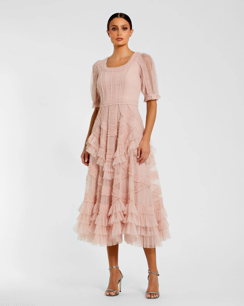 Mac Duggal 8248 - Scoop Neck Midi Dress with Ruffle Detail Wedding Guest in Pink