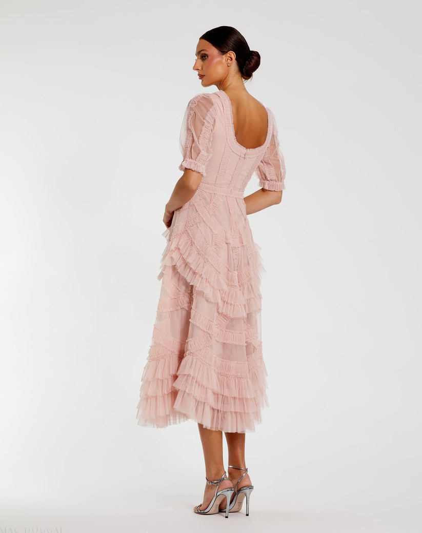 Mac Duggal 8248 - Scoop Neck Midi Dress with Ruffle Detail Wedding Guest in Pink