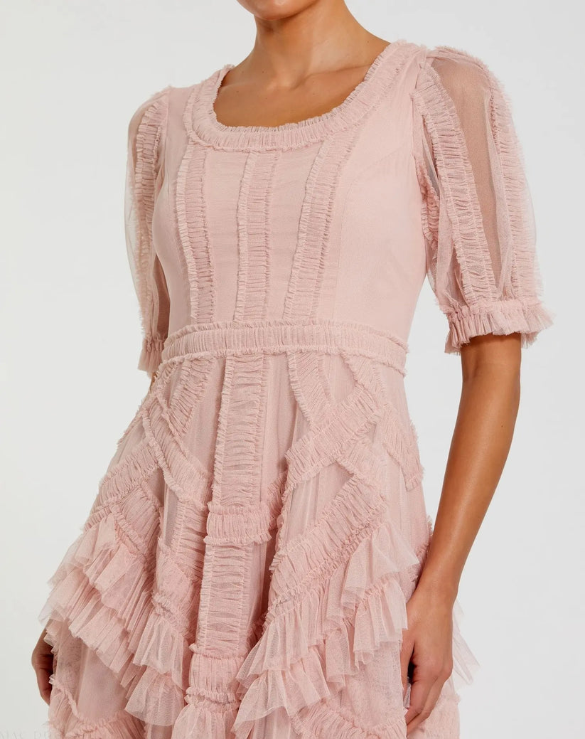 Mac Duggal 8248 - Scoop Neck Midi Dress with Ruffle Detail Wedding Guest in Pink