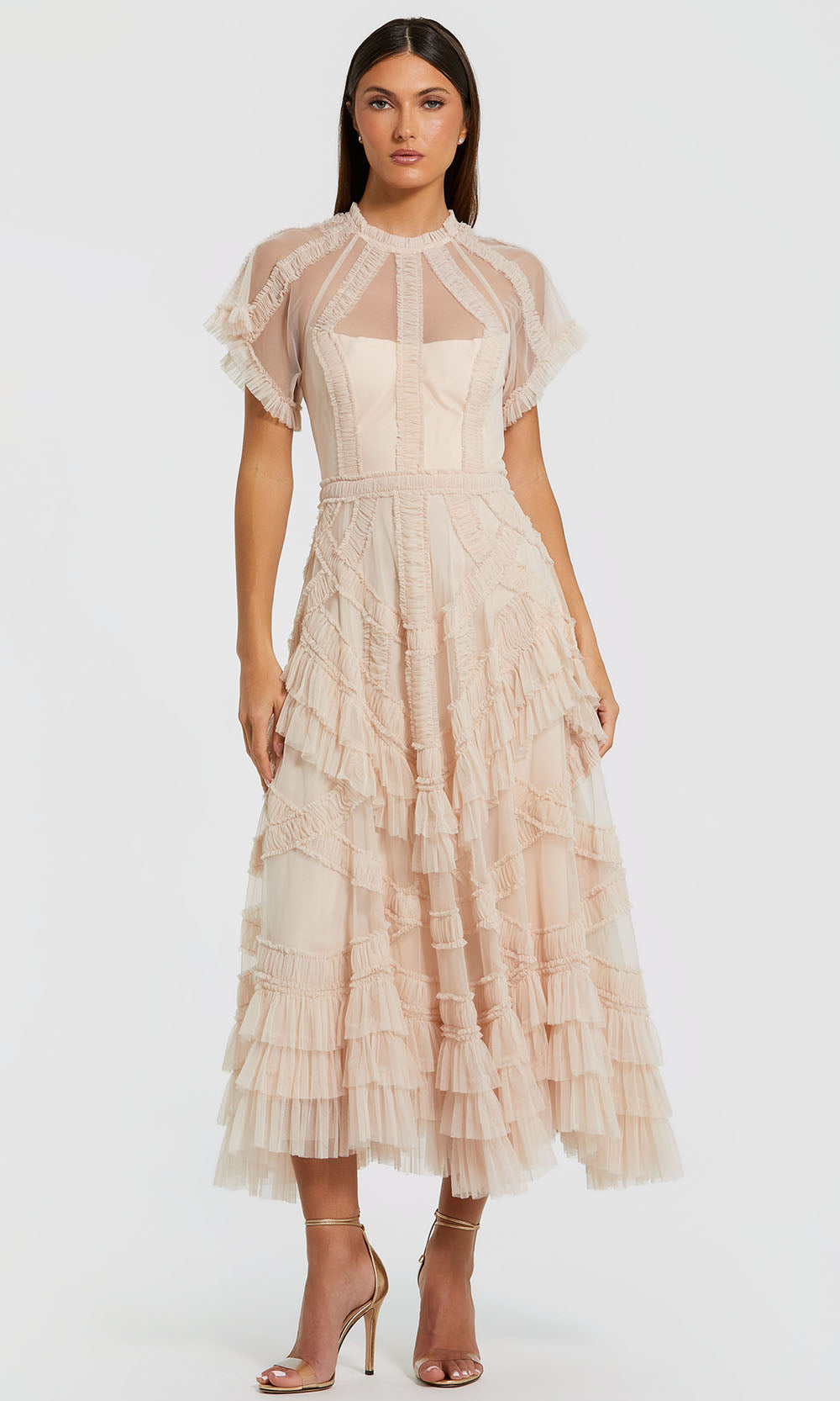 Mac Duggal 8249 - Ruffle Detail Short Sleeve Midi Dress Semi Formal in Blush