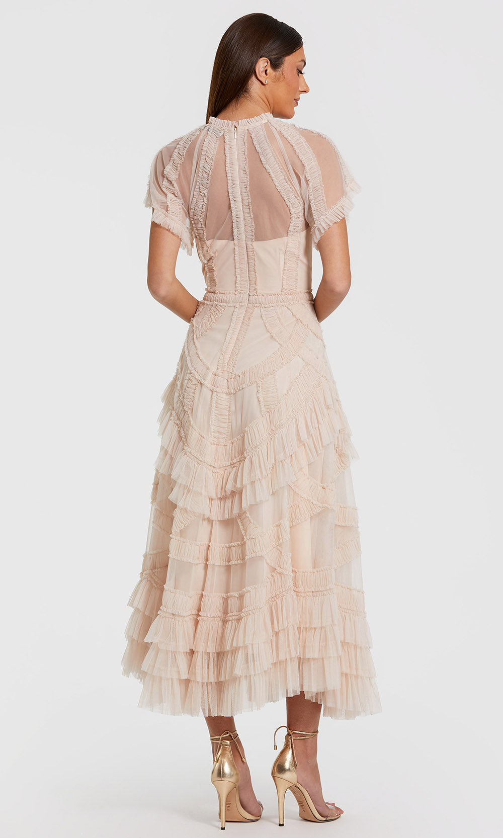 Mac Duggal 8249 - Ruffle Detail Short Sleeve Midi Dress Semi Formal in Blush