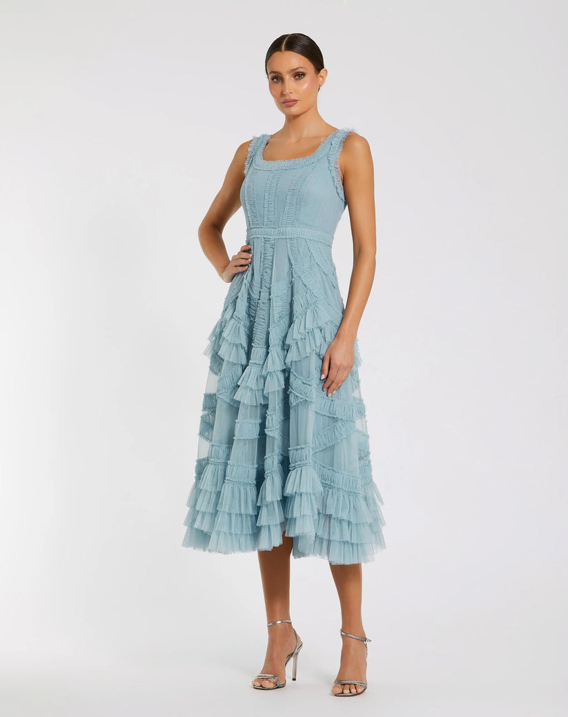 Mac Duggal 8250 - Sleeveless Cascading Ruffle A-Line Dress Wedding Guest in Blue