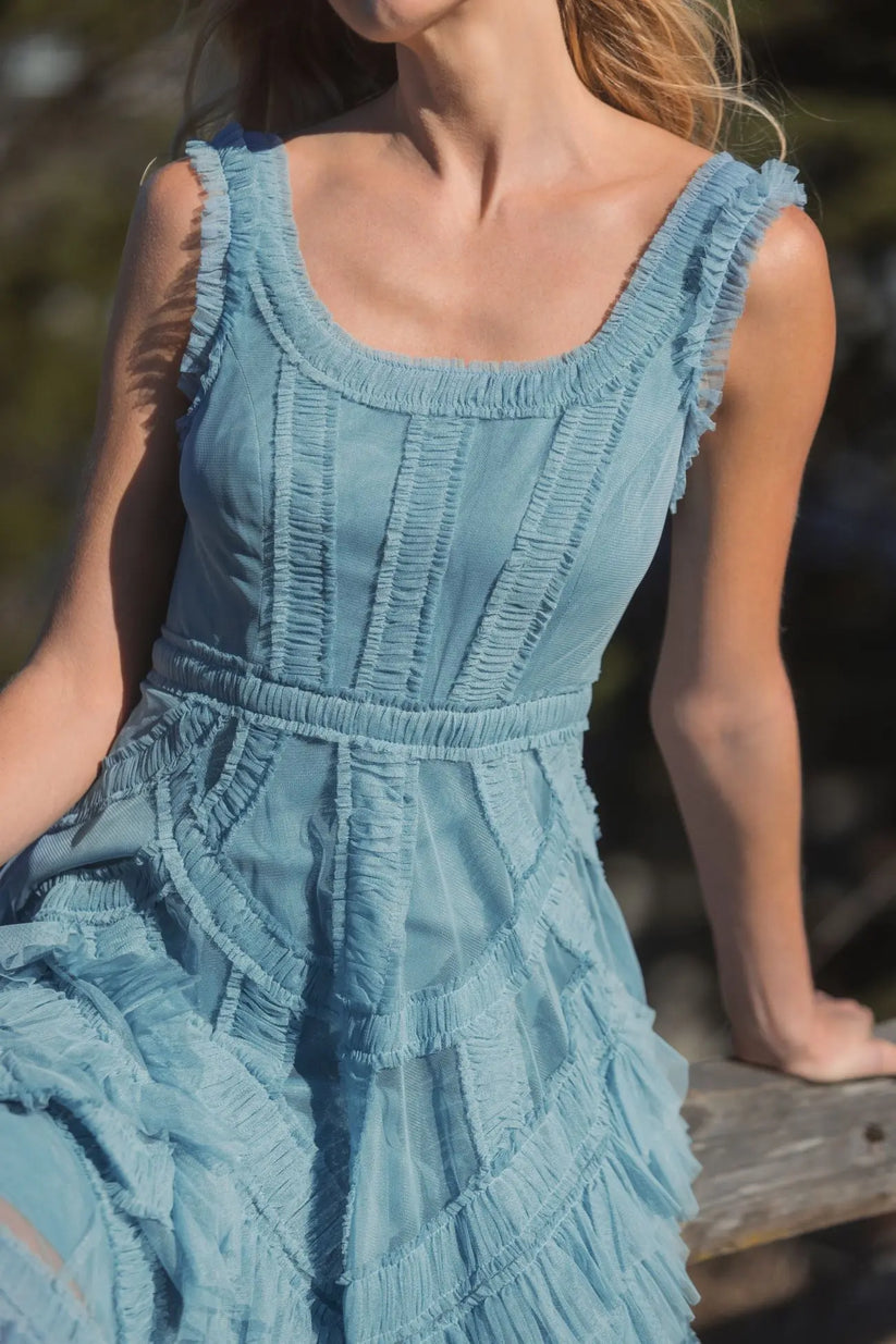 Mac Duggal 8250 - Sleeveless Cascading Ruffle A-Line Dress Wedding Guest in Blue