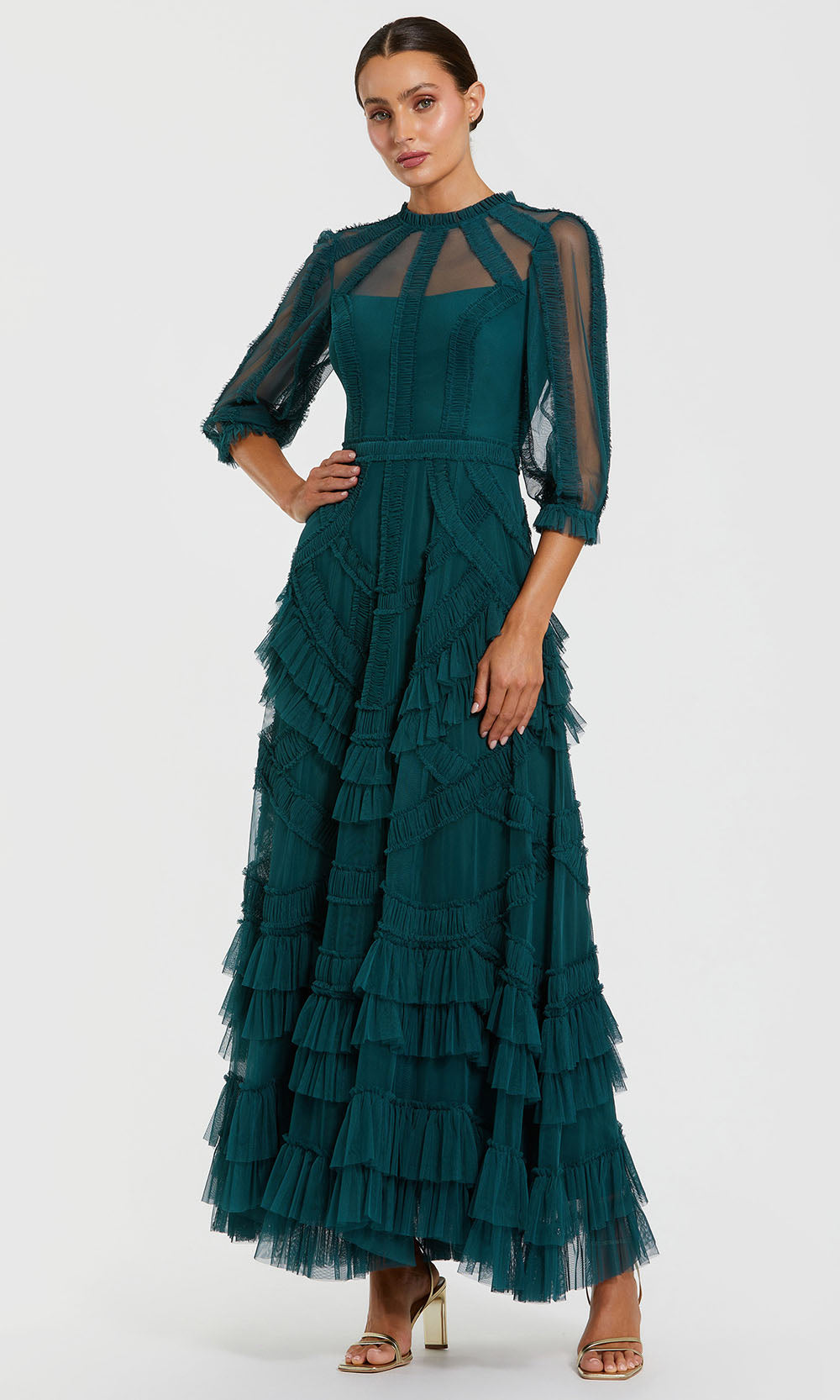 Mac Duggal 8251 - Textured Ruffle Three-Quarter Sleeve Gown Mother of the Bride Dresses in Teal