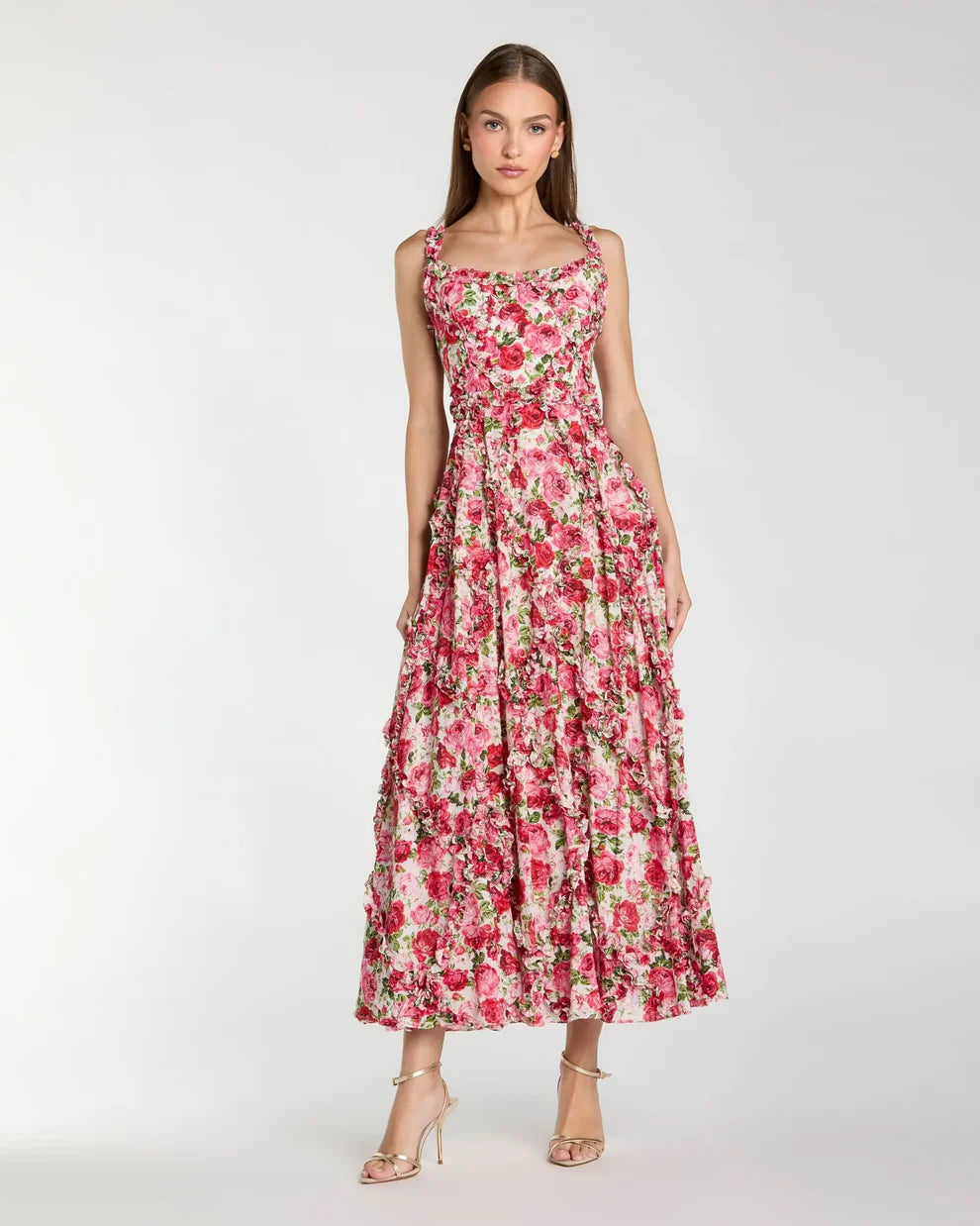 Mac Duggal 8256 - Floral Print Midi Dress with Ruffle Detail