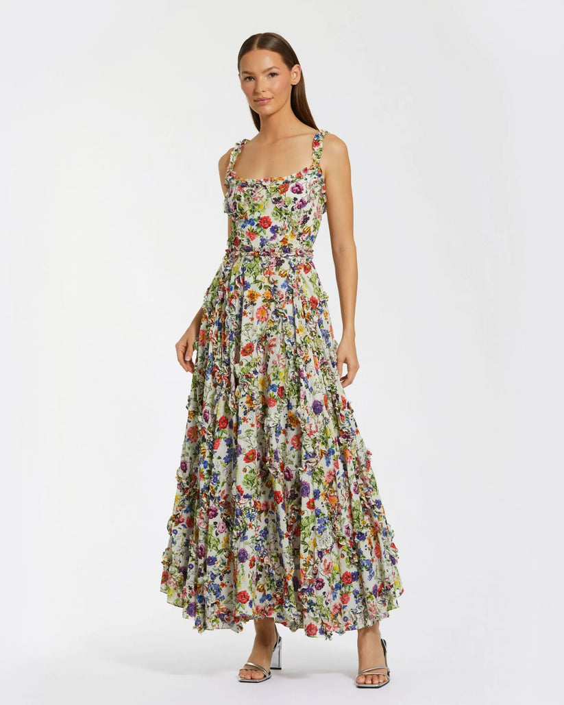 Mac Duggal 8256 - Floral Print Midi Dress with Ruffle Detail Wedding Guest in White