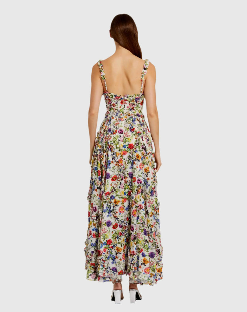 Mac Duggal 8256 - Floral Print Midi Dress with Ruffle Detail Wedding Guest in White