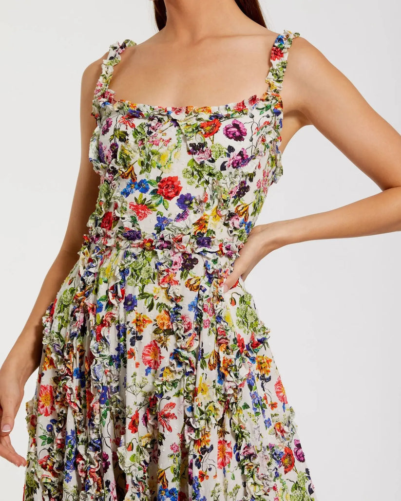 Mac Duggal 8256 - Floral Print Midi Dress with Ruffle Detail Wedding Guest in White