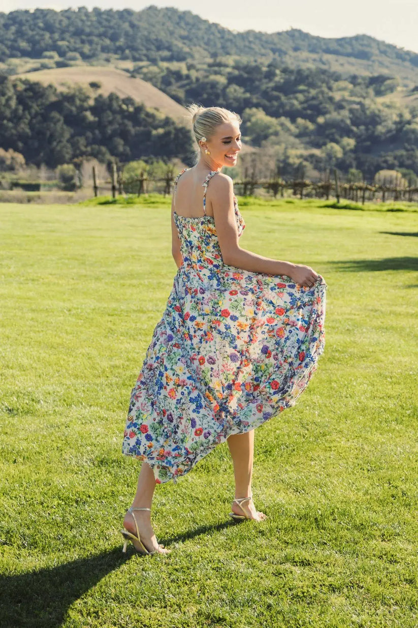 Mac Duggal 8256 - Floral Print Midi Dress with Ruffle Detail Wedding Guest in White