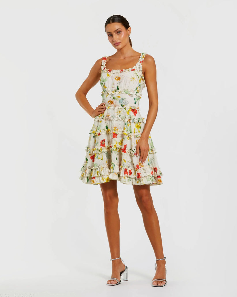 Mac Duggal 8257 - Ruffle Detail Floral A-Line Dress Cocktail Dresses in White and Multi
