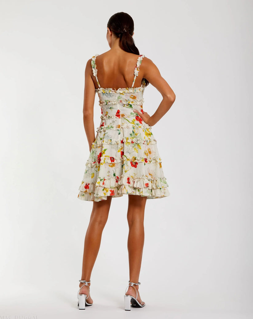 Mac Duggal 8257 - Ruffle Detail Floral A-Line Dress Cocktail Dresses in White and Multi