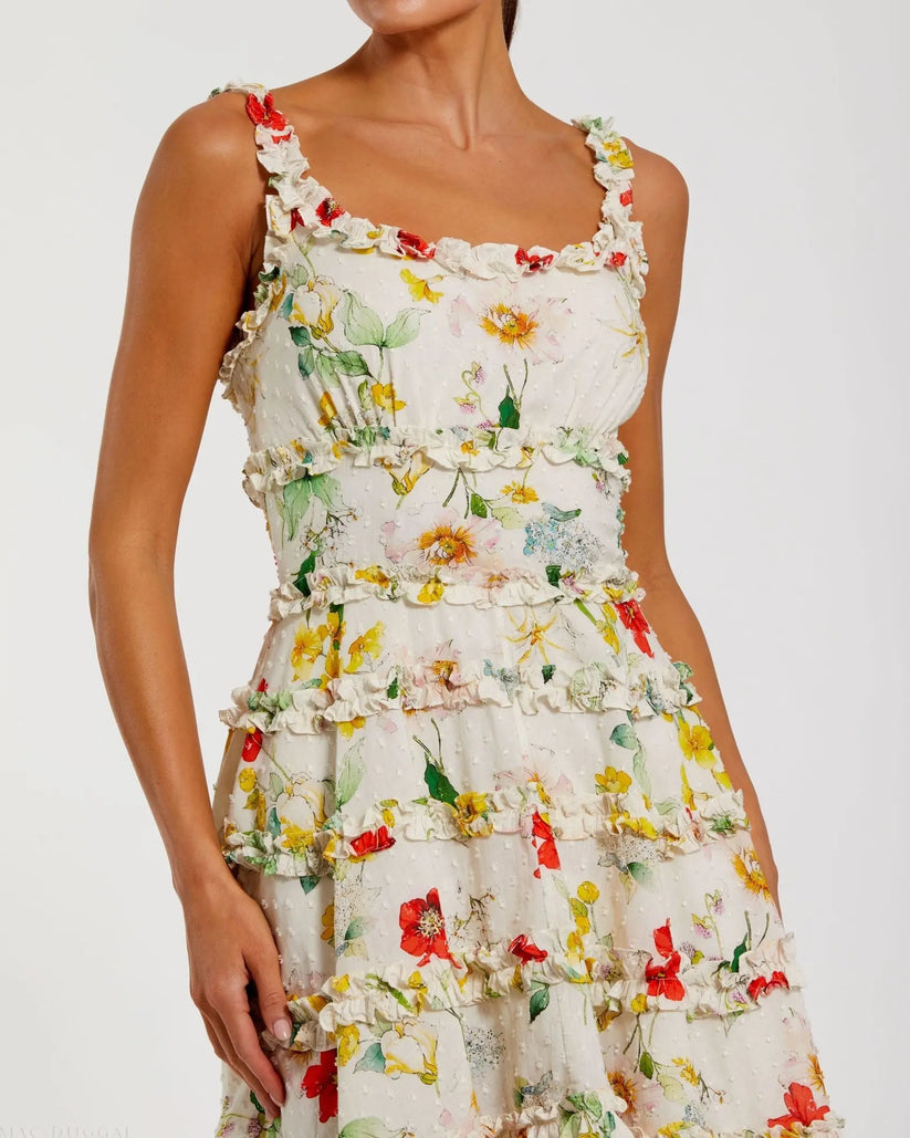 Mac Duggal 8257 - Ruffle Detail Floral A-Line Dress Cocktail Dresses in White and Multi