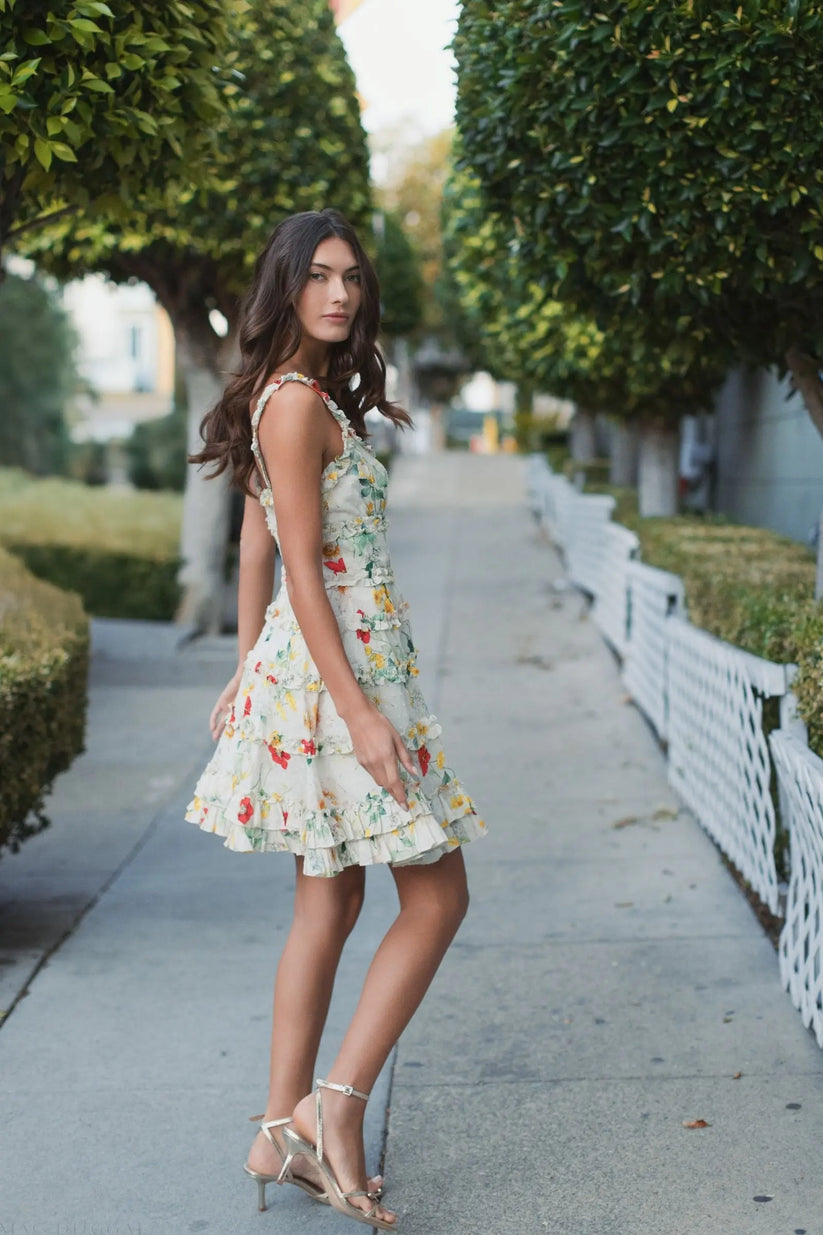 Mac Duggal 8257 - Ruffle Detail Floral A-Line Dress Cocktail Dresses in White and Multi