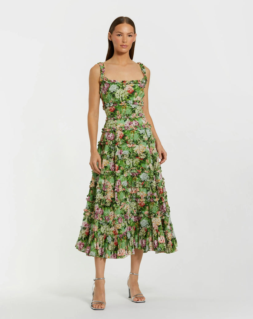 Mac Duggal 8263 - Square Neck Ruffle Floral Dress Semi Formal in Green and Multi