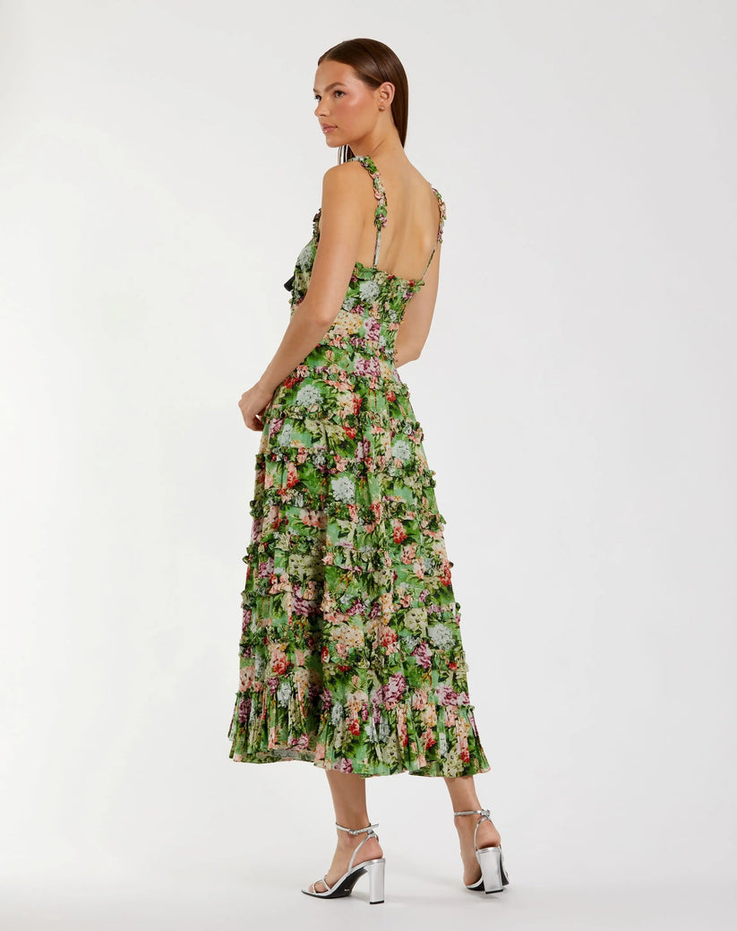 Mac Duggal 8263 - Square Neck Ruffle Floral Dress Semi Formal in Green and Multi