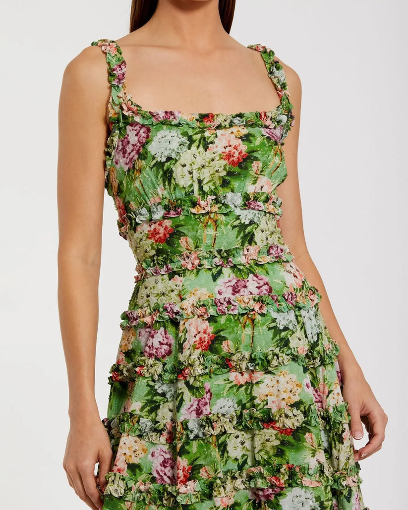 Mac Duggal 8263 - Square Neck Ruffle Floral Dress Semi Formal in Green and Multi