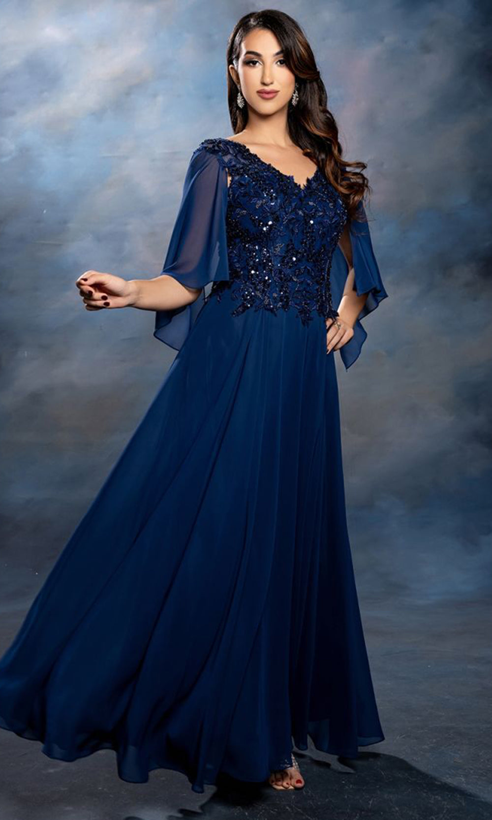 May Queen MQ2233 - V Neck Embroidered Evening Dress Mother Of The Bride Dresses in Navy 