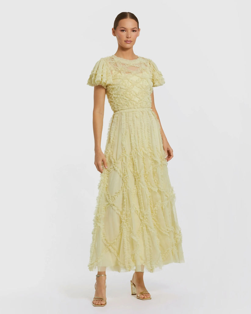 Mac Duggal 8282 - Flutter Sleeve Micro Ruffle A Line Dress Semi Formal in Yellow