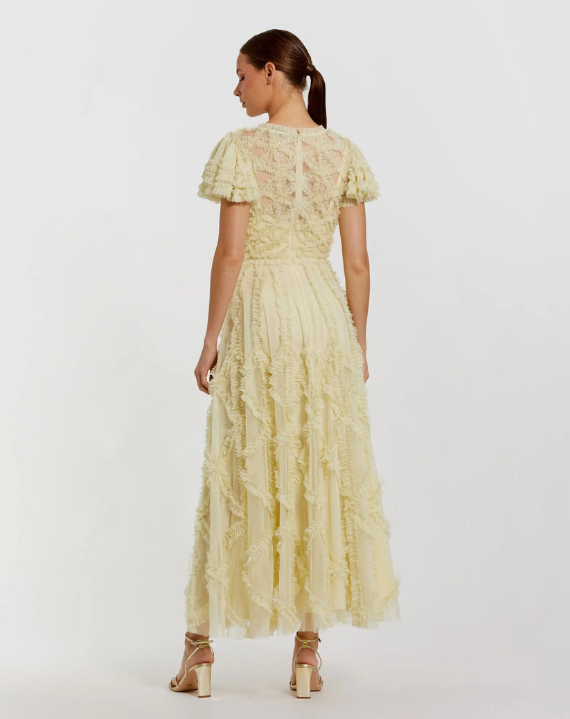 Mac Duggal 8282 - Flutter Sleeve Micro Ruffle A Line Dress Semi Formal in Yellow