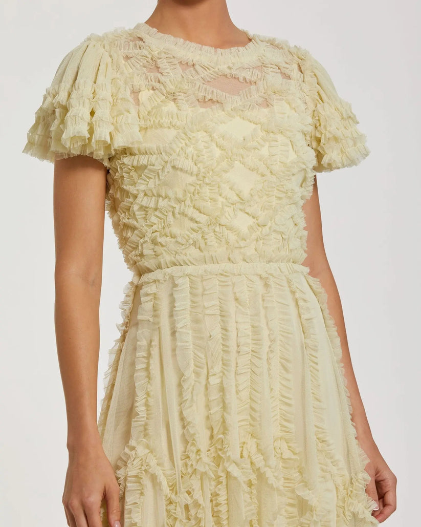 Mac Duggal 8282 - Flutter Sleeve Micro Ruffle A Line Dress Semi Formal in Yellow