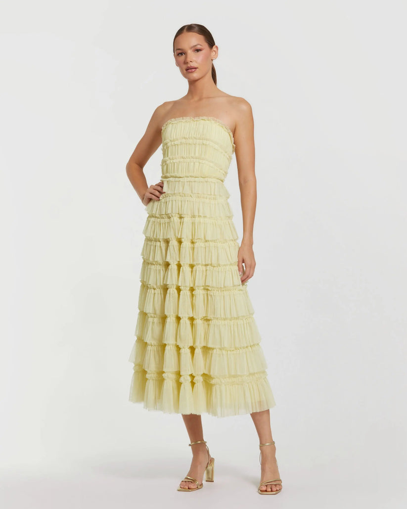 Mac Duggal 8286 - Straight Neck Ruffle Mesh Dress Semi Formal in Yellow