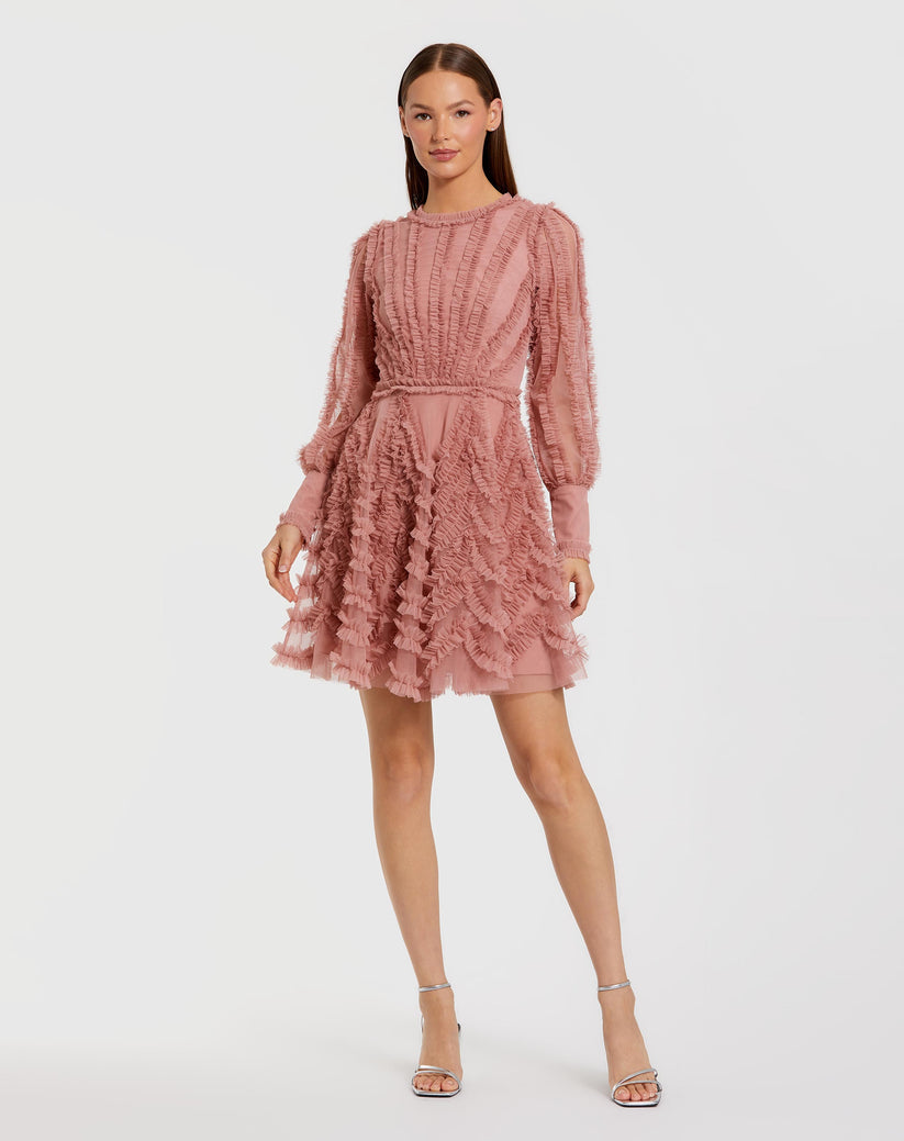 Mac Duggal 8290 - Long Sleeve Ruffled Mesh Mini Dress In Pink