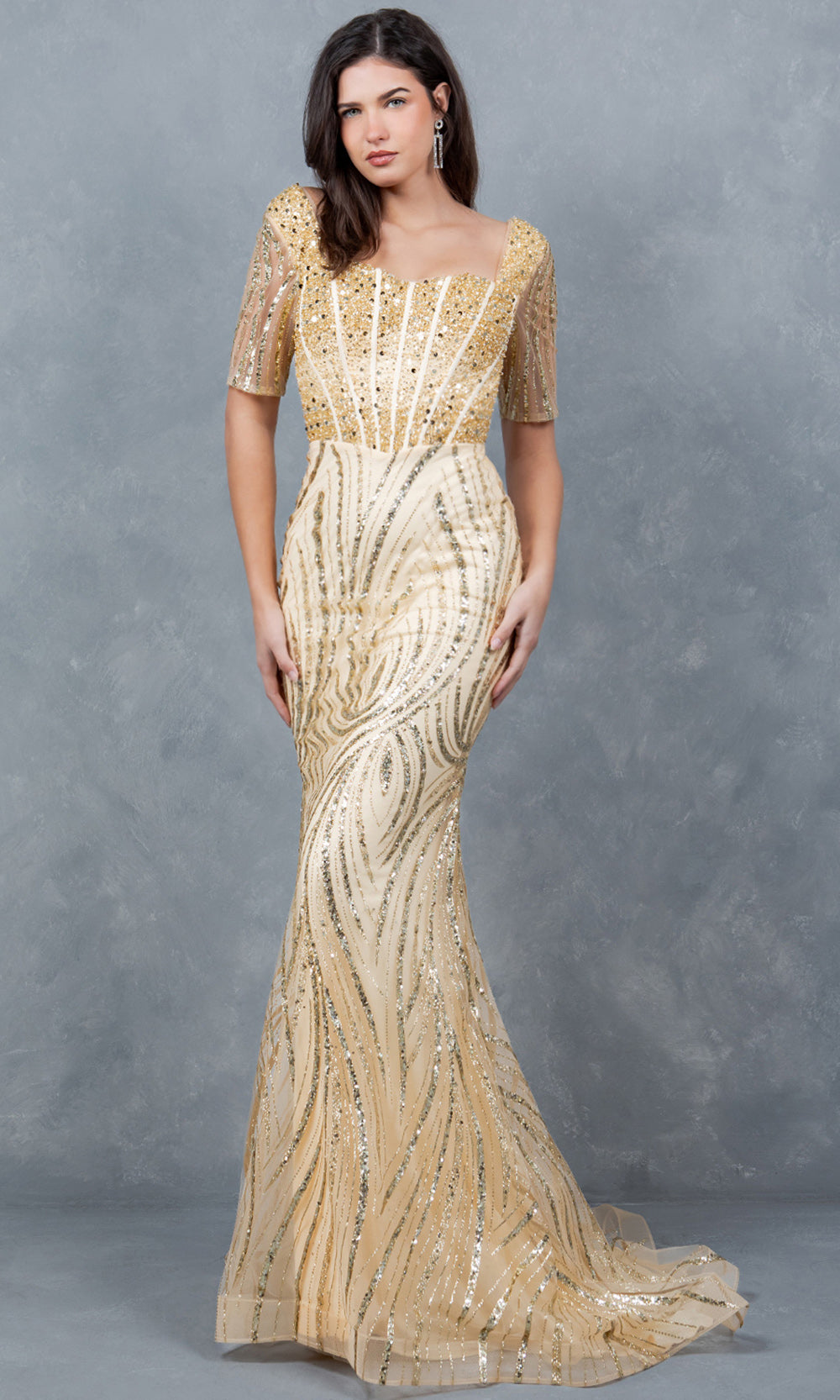 Cinderella Couture 8293M - Short Sleeve Corset Bodice Long Gown Cinderella Couture 8293M - Short Sleeve Corset Bodice Long Gown