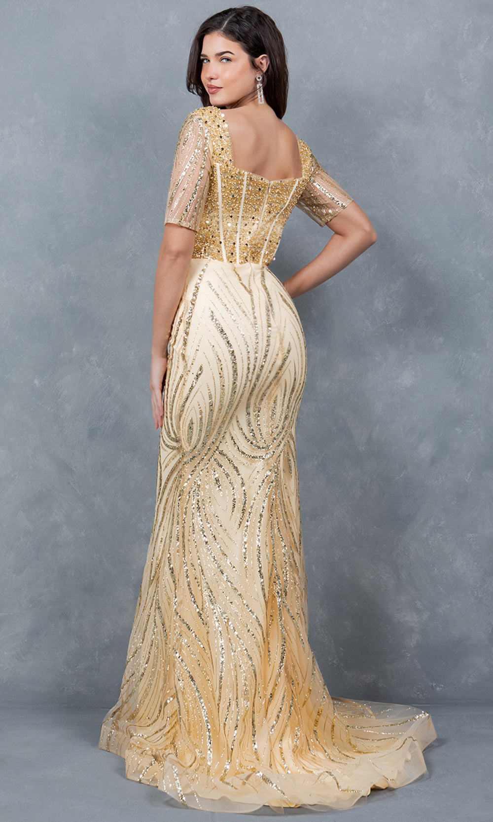 Cinderella Couture 8293M - Short Sleeve Corset Bodice Long Gown Cinderella Couture 8293M - Short Sleeve Corset Bodice Long Gown