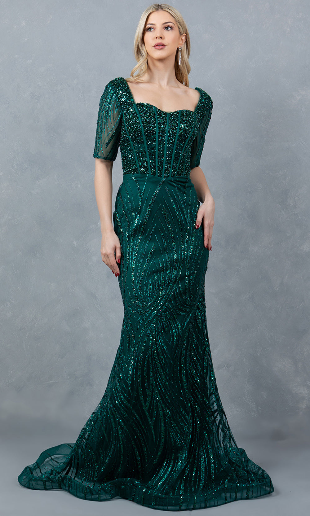 Cinderella Couture 8293M - Short Sleeve Corset Bodice Long Gown Cinderella Couture 8293M - Short Sleeve Corset Bodice Long Gown