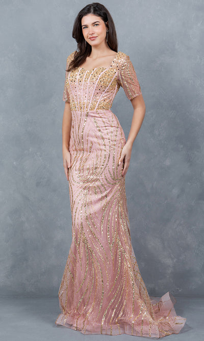 Cinderella Couture 8293M - Short Sleeve Corset Bodice Long Gown Cinderella Couture 8293M - Short Sleeve Corset Bodice Long Gown