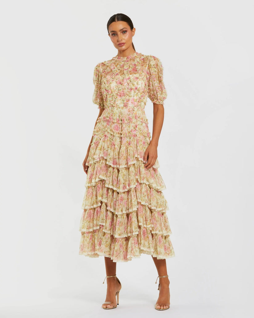 Mac Duggal 8295 - Puff Sleeve Ruffle Printed Mesh Dress Semi Formal in White and Multi