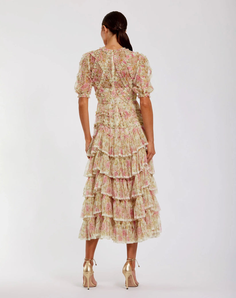 Mac Duggal 8295 - Puff Sleeve Ruffle Printed Mesh Dress Semi Formal in White and Multi
