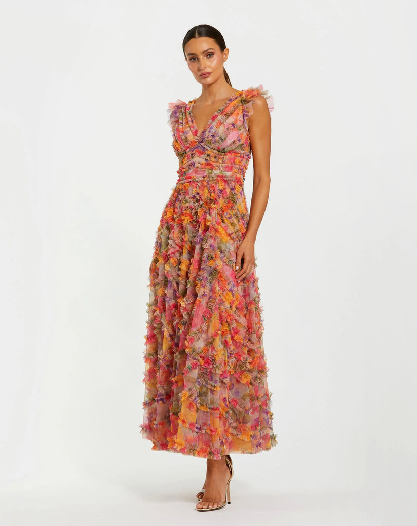Mac Duggal 8303 - Floral Print A-Line Dress with Ruffle Formal Gowns in Multi