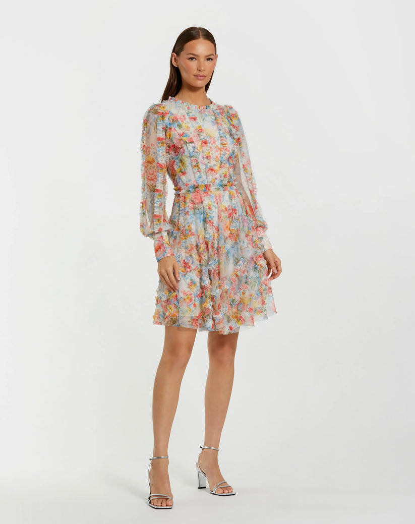 Mac Duggal 8304 - Ruffle Trim Floral Mini Dress Semi Formal in Blue and Multi