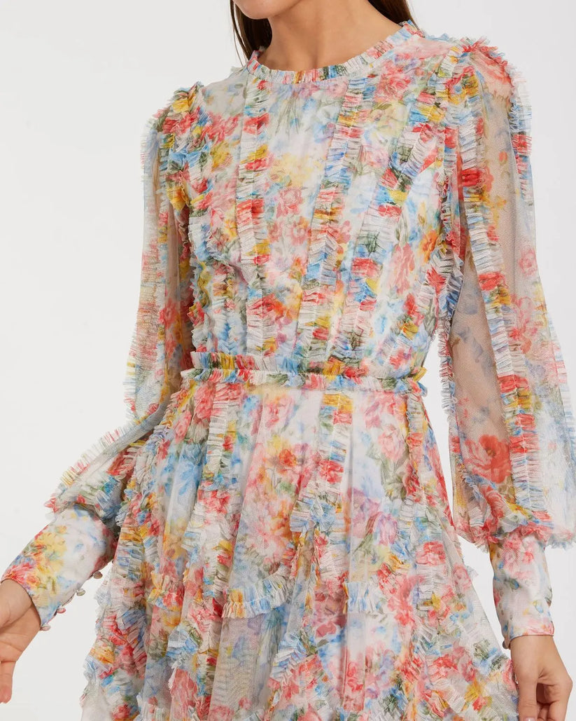 Mac Duggal 8304 - Ruffle Trim Floral Mini Dress Semi Formal in Blue and Multi