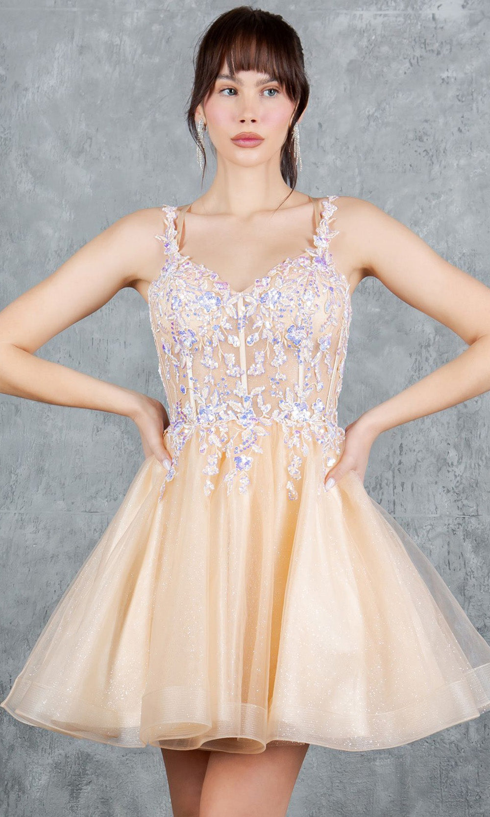 Cinderella Couture 8305J - Lace-Up Back Flared Homecoming Dress Cocktail Dresses in Champagne 