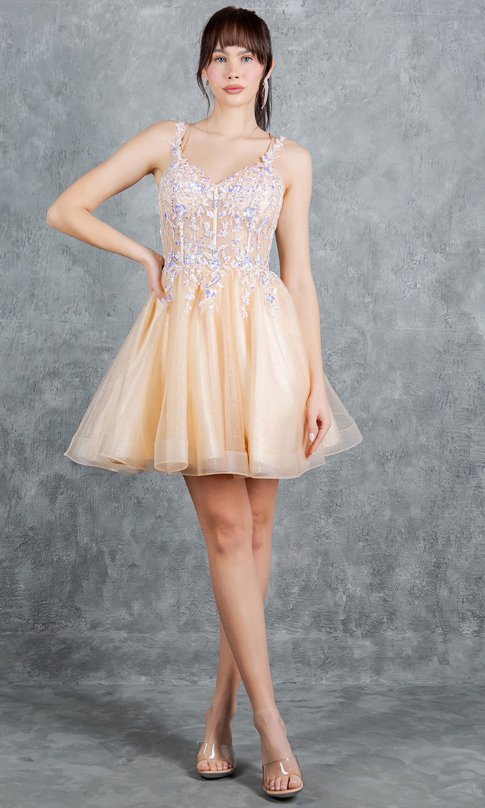 Cinderella Couture 8305J - Lace-Up Back Flared Homecoming Dress Cocktail Dresses in Champagne 