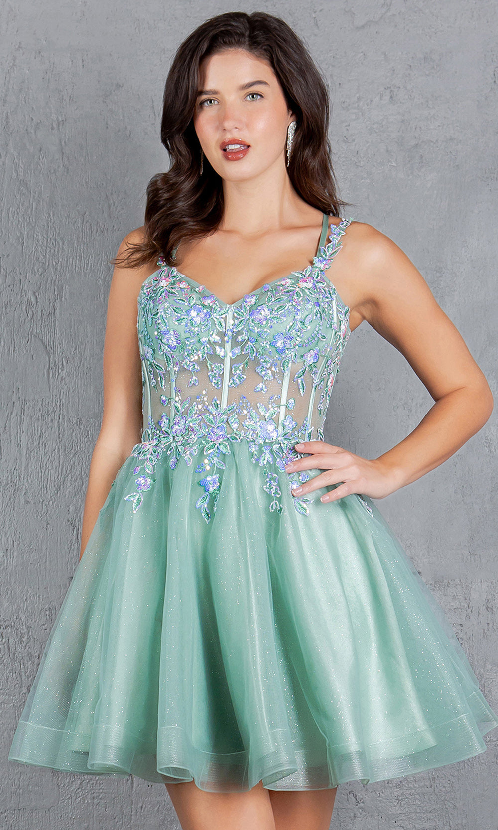 Cinderella Couture 8305J - Lace-Up Back Flared Homecoming Dress Cocktail Dresses in Sage 