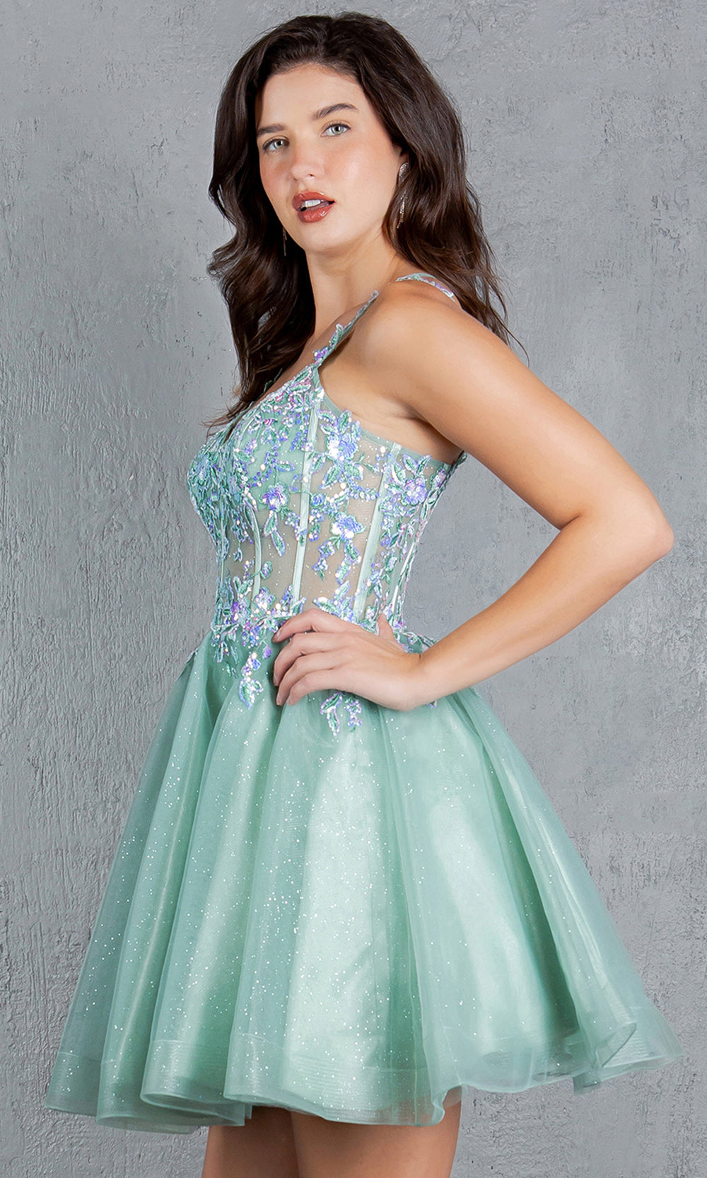 Cinderella Couture 8305J - Lace-Up Back Flared Homecoming Dress Cocktail Dresses in Sage 