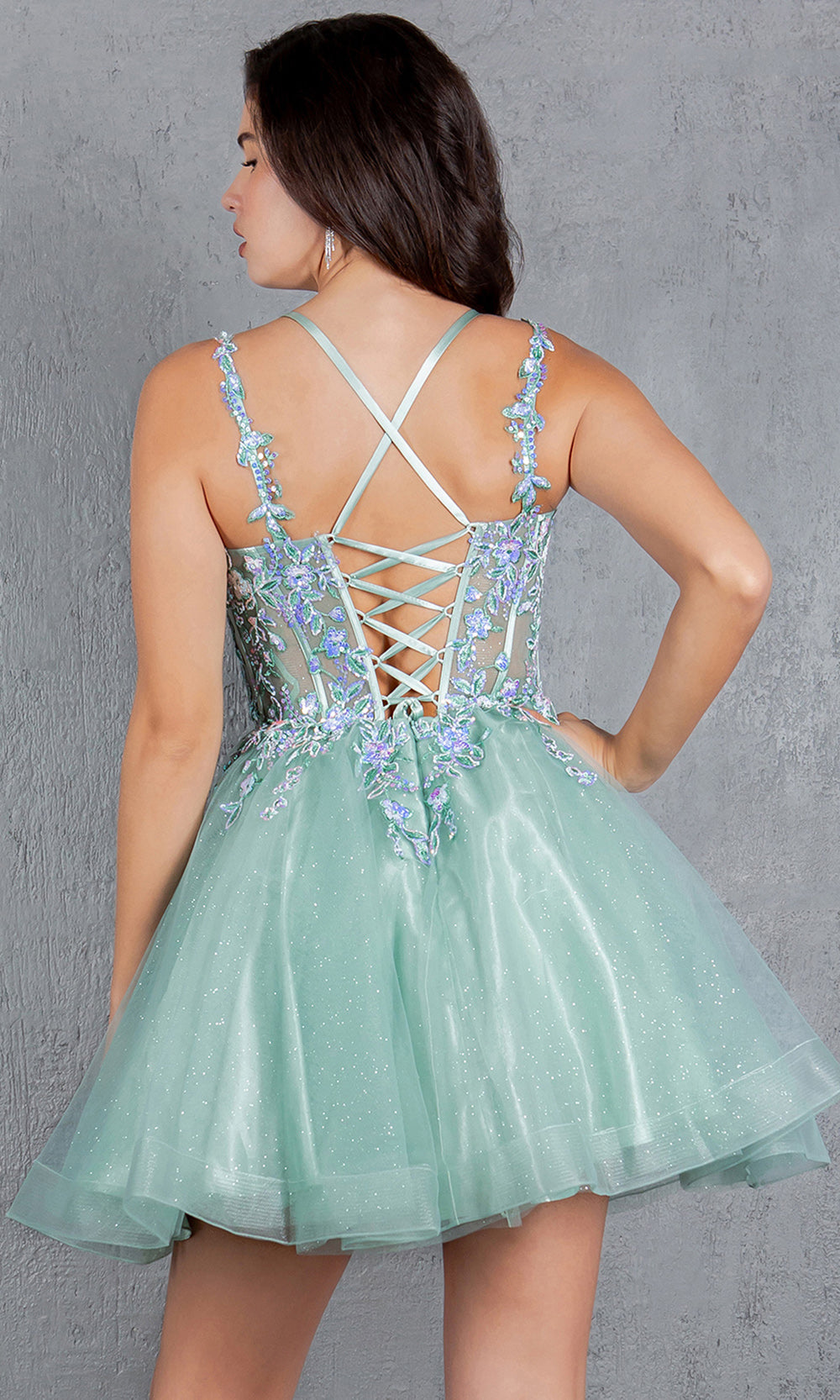 Cinderella Couture 8305J - Lace-Up Back Flared Homecoming Dress Cocktail Dresses in Sage 