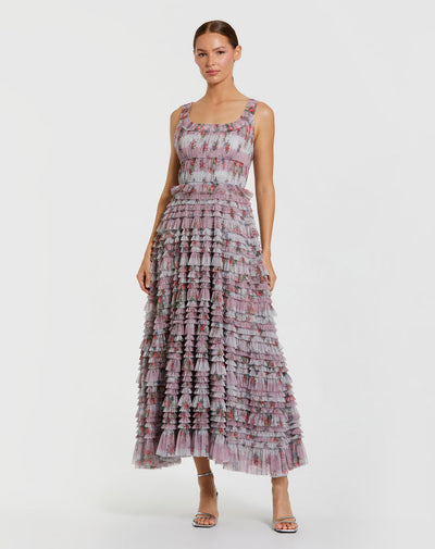 Mac Duggal 8311 - Scoop Tiered Ruffles Tea-Length Dress In Purple and Multi