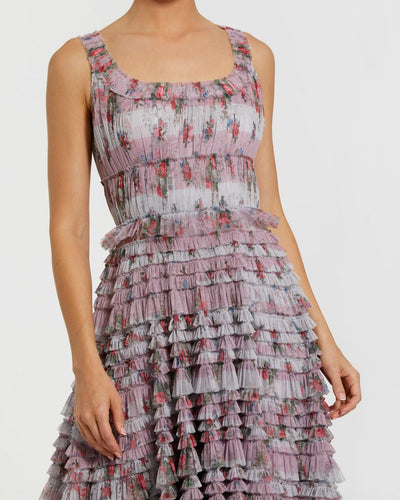 Mac Duggal 8311 - Scoop Tiered Ruffles Tea-Length Dress In Purple and Multi