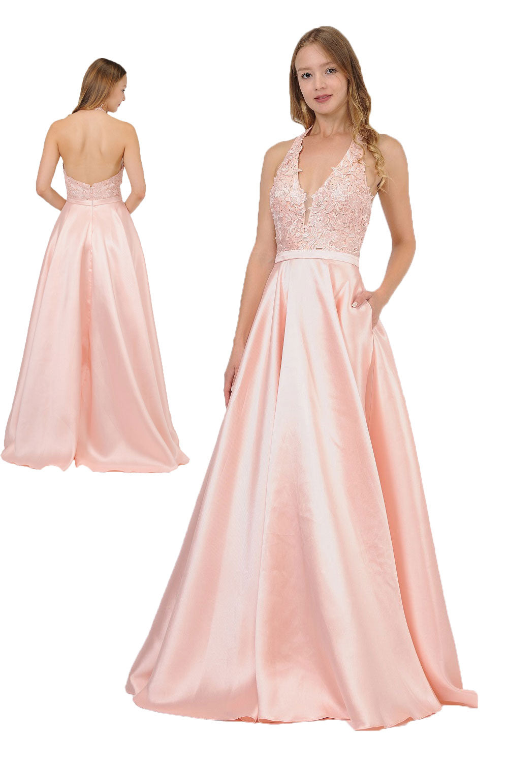Poly USA 8316 - Open Back A-Line Dress with Embroidery Prom Dresses in Pink  