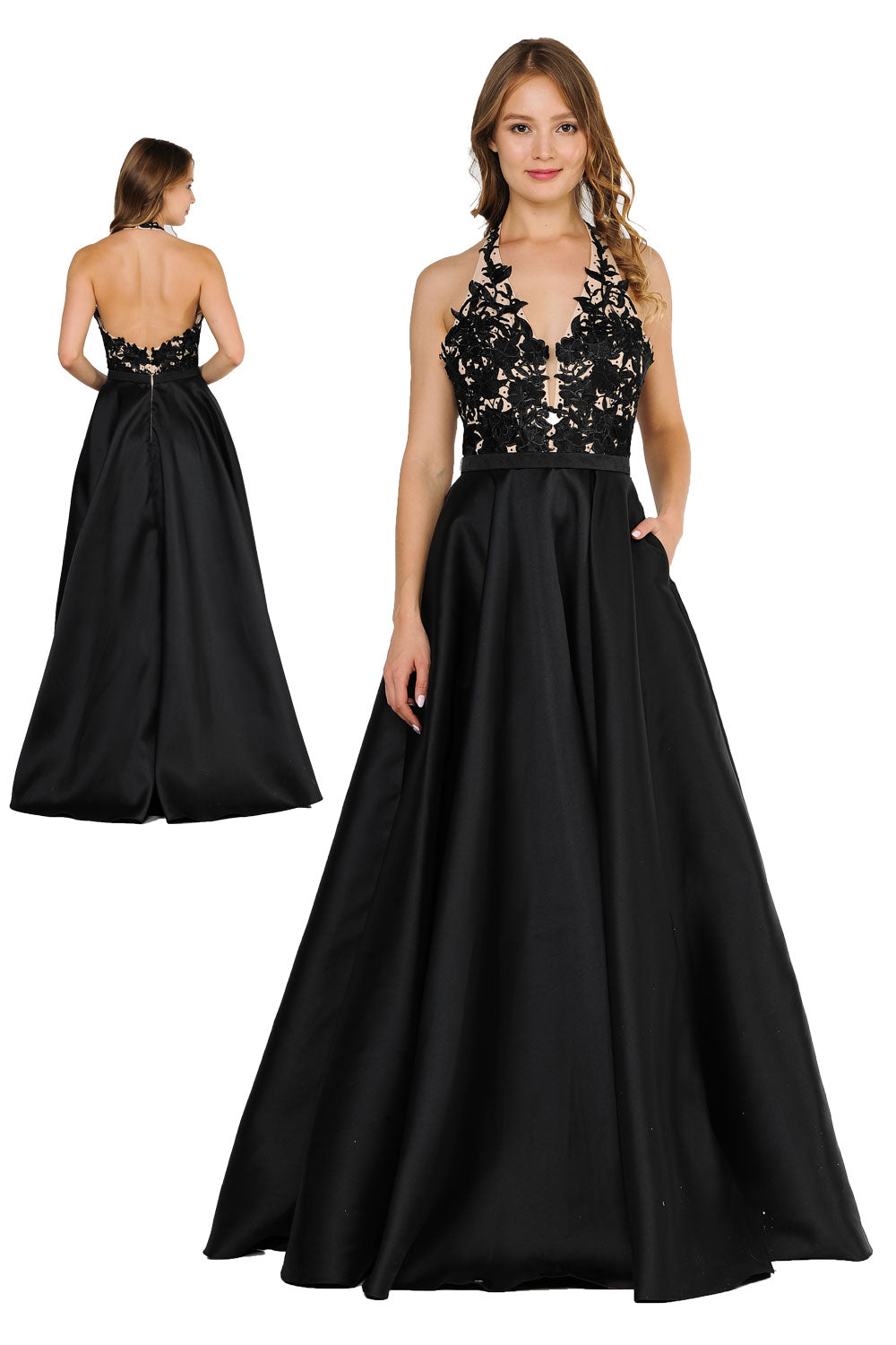 Poly USA 8316 - Open Back A-Line Dress with Embroidery Prom Dresses in Black  