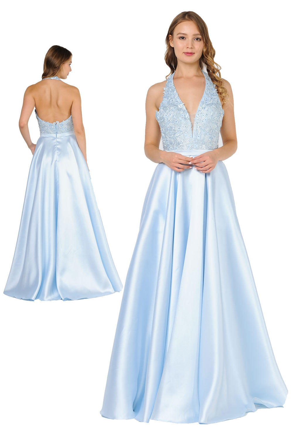 Poly USA 8316 - Open Back A-Line Dress with Embroidery Prom Dresses in Blue  