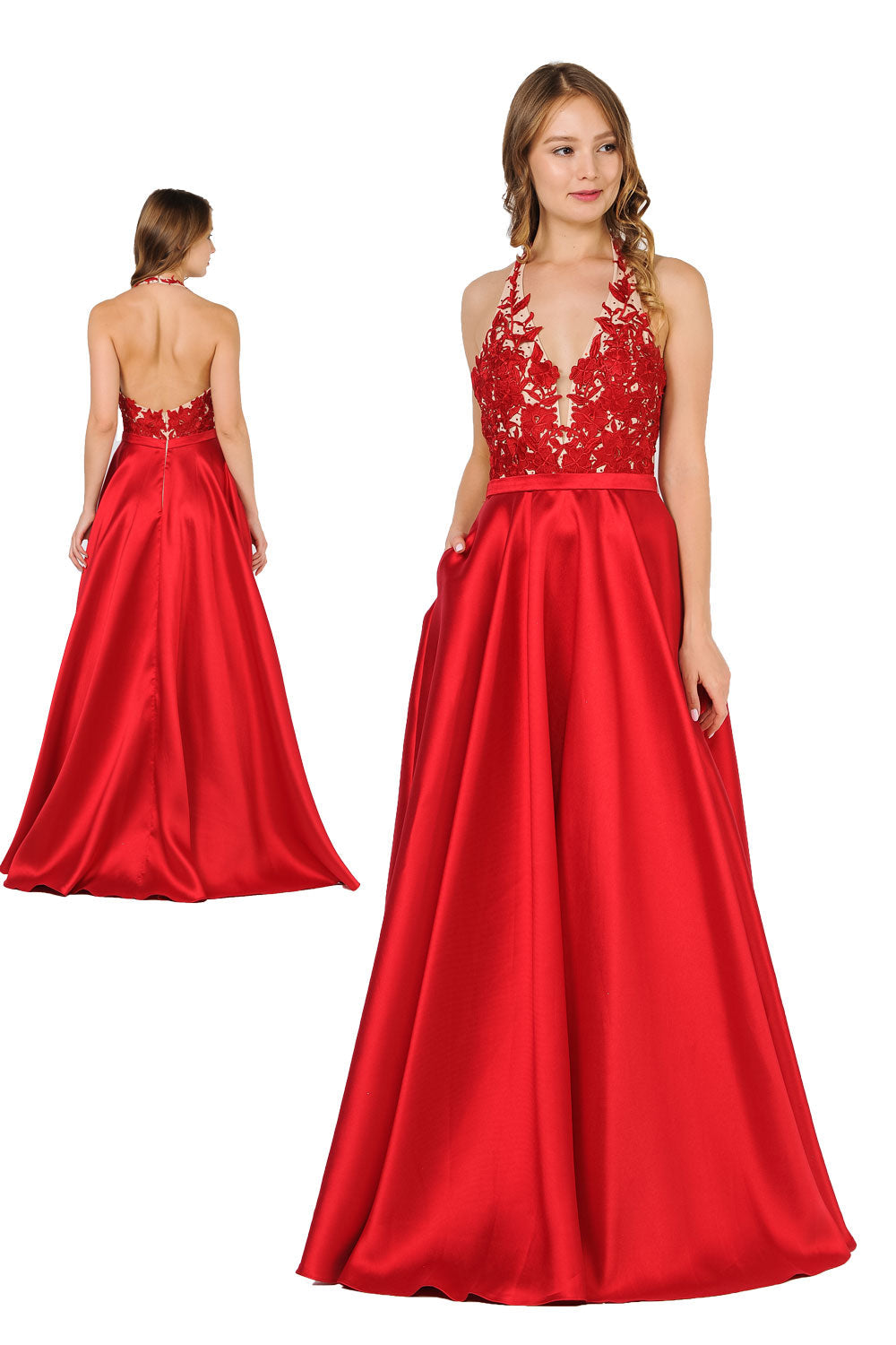 Poly USA 8316 - Open Back A-Line Dress with Embroidery Prom Dresses in Red  