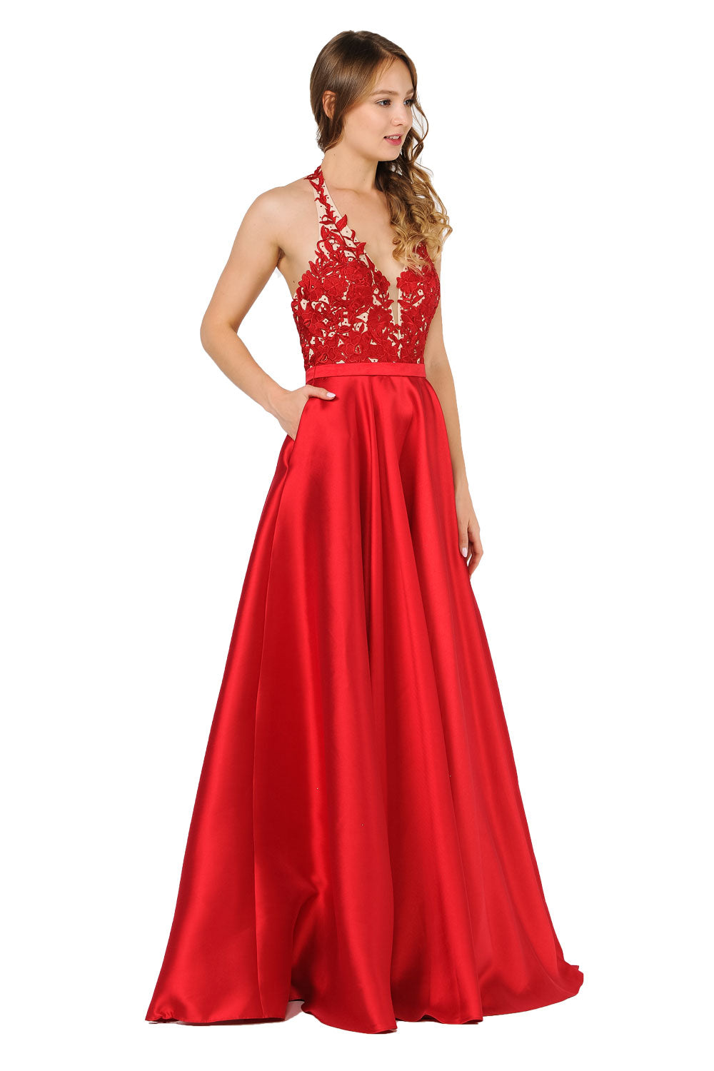 Poly USA 8316 - Open Back A-Line Dress with Embroidery Prom Dresses in Red  