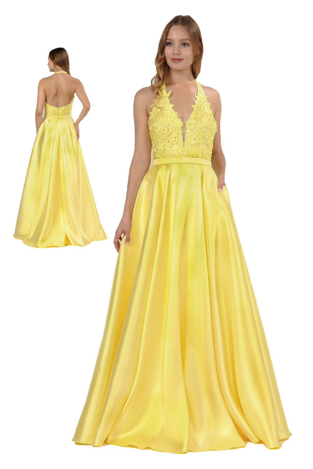 Poly USA 8316 - Open Back A-Line Dress with Embroidery Prom Dresses in Yellow  