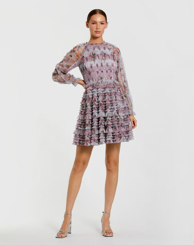 Mac Duggal 8328 - Sheer Long Sleeve Floral Printed Cocktail Dress In Purple and Multi