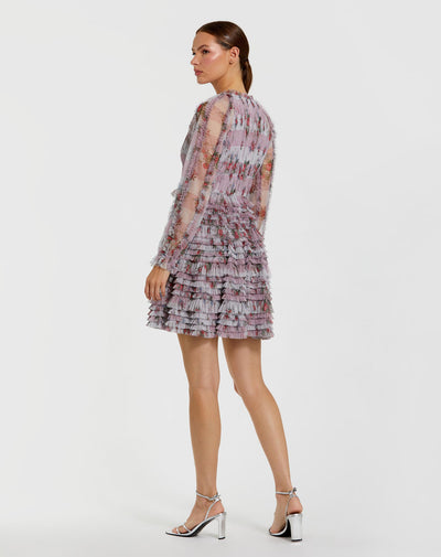 Mac Duggal 8328 - Sheer Long Sleeve Floral Printed Cocktail Dress In Purple and Multi
